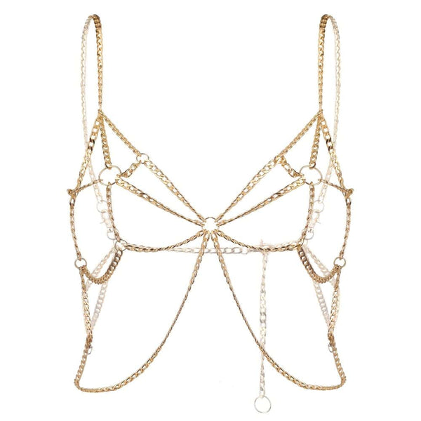 Harnais bijou de corps composé de deux harnais : un harnais ajustable de type soutien-gorge ouvert à poser sur le buste et d’une ceinture jupe à poser sur les hanches, habillant le corps d’une structure élégante et audacieuse. Design ajustable pour un confort optimal à porter seul ou en superposition