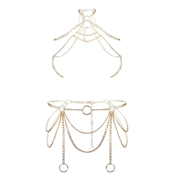 Harnais bijou de corps avec un jeu de chaînes dorées finement agencées. Le set comprend 2 harnais bijoux Design ajustable à porter en superposition ou seul