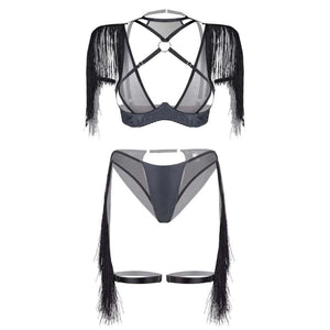 Packshot du Devant d'un Set de Lingerie avec Franges Couleur Noir