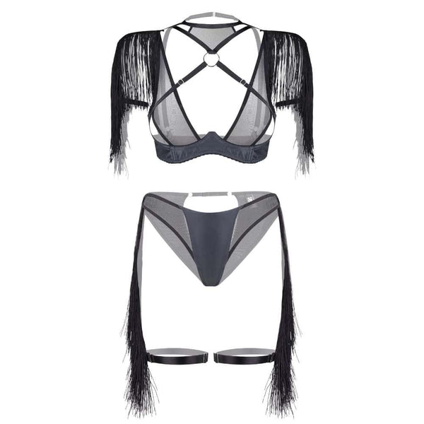 Packshot du Devant d'un Set de Lingerie avec Franges Couleur Noir