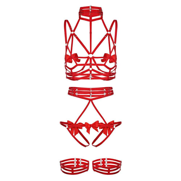 Ensemble de lingerie rouge avec Harnais réglable, avec de belles notes de ruban sur les mamelons, et de longs gants rouges