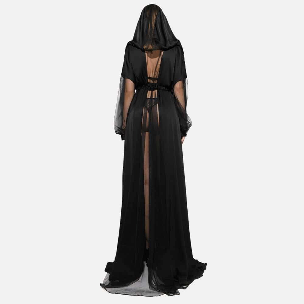 Cape noire à capuche en Satin et résille