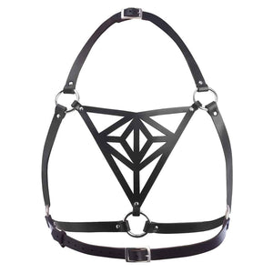 Harnais noir en cuir végétal avec des motifs triangulaires vue de dos de Blasted Skin chez Brigade Mondaine