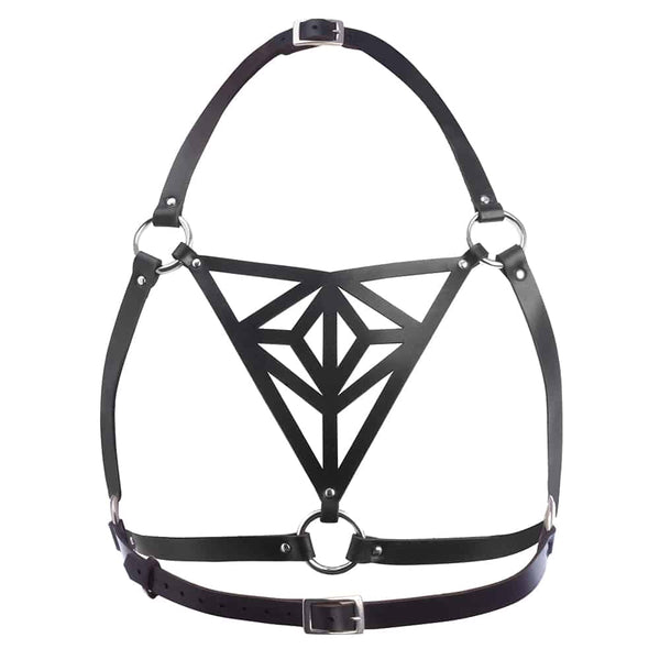 Harnais noir en cuir végétal avec des motifs triangulaires vue de dos de Blasted Skin chez Brigade Mondaine
