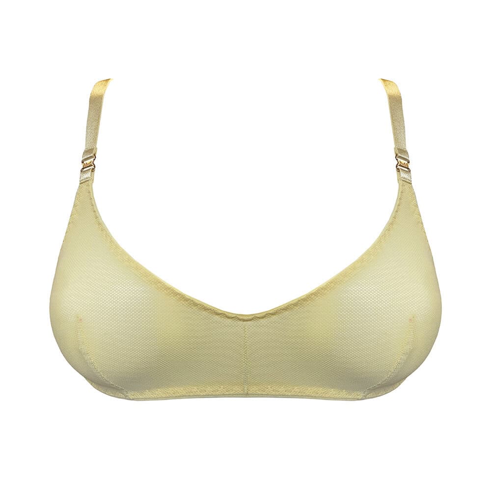 Soutien-gorge souple Cadi Bordelle en jaune citron, avec des bretelles ajustables et un fermoir en or 24 carats. Légèrement structuré, il offre un maintien optimal tout en restant confortable et élégant pour un style sexy et naturel.