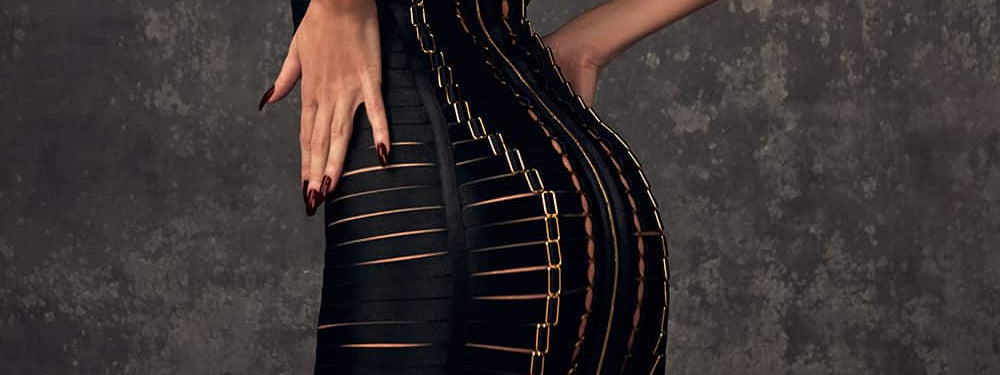 Robe ajustable en élastique noir sexy bondage avec fermeture éclair à l'arrière par BORDELLE chez Brigade Mondaine