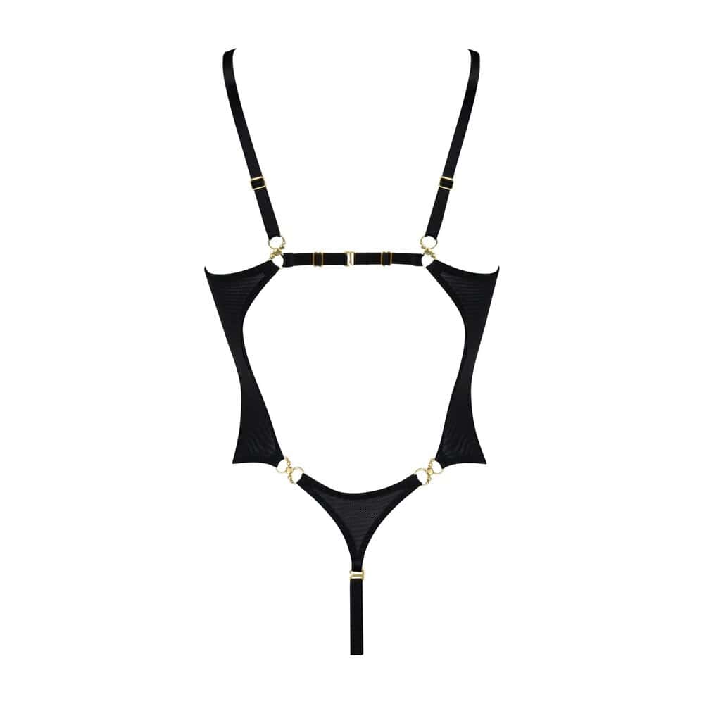 Body noir Bordelle modèle NEDA en mesh à effet métallisé, décolleté en V et fines bretelles, présenté à plat sur fond clair, sélection Brigade Mondaine Paris.
