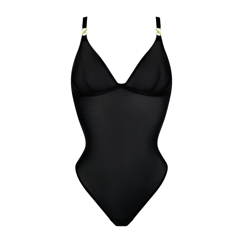 Body noir Bordelle modèle NEDA en mesh à effet métallisé, décolleté en V et fines bretelles, présenté à plat sur fond clair, sélection Brigade Mondaine Paris.