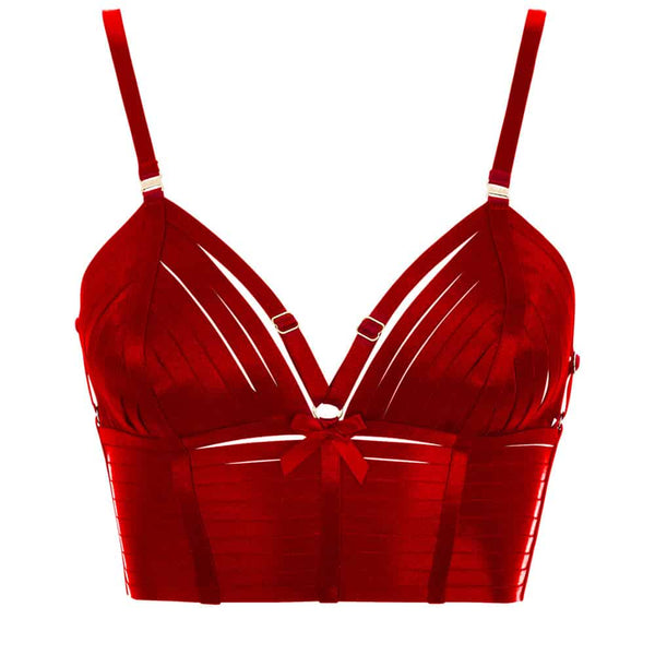 Crop top Bondage Belle triangle en élastiques noirs ajustables de la collection Signature de Bordelle chez Brigade Mondaine