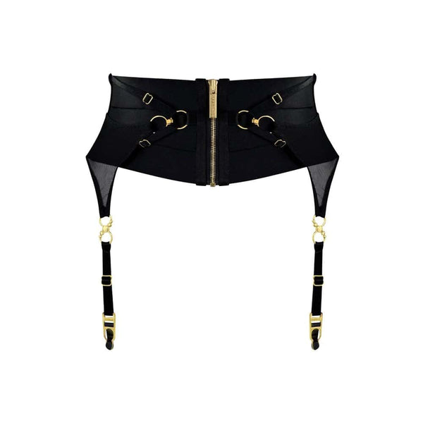 Serre taille noir Bordelle modèle NEDA multi styles, zip central et anneaux dorés, présenté à plat sur fond clair, sélection Brigade Mondaine Paris.