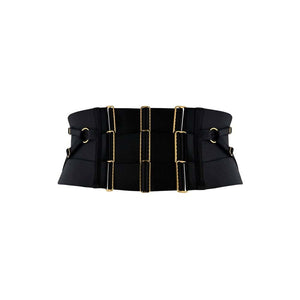 Serre taille noir Bordelle modèle NEDA multi styles, zip central et anneaux dorés, présenté à plat sur fond clair, sélection Brigade Mondaine Paris.