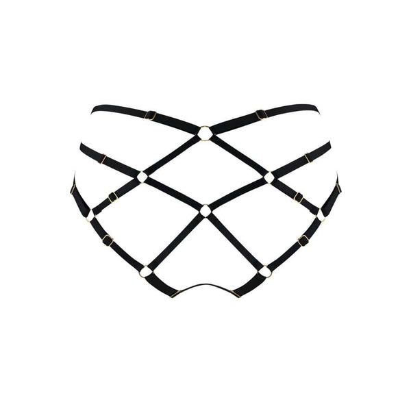 Culotte noire Bordelle modèle Zenna cul nu en mesh et bandes structurées, détails d’anneaux dorés, présentée à plat sur fond clair, sélection Brigade Mondaine Paris.
