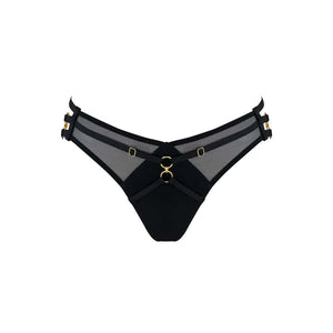 Culotte noire Bordelle modèle Zenna cul nu en mesh et bandes structurées, détails d’anneaux dorés, présentée à plat sur fond clair, sélection Brigade Mondaine Paris.