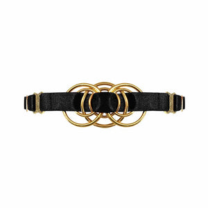 Collier ras du cou en élastiques satinés noirs avec pièce en métal doré représentant un entrelacement d'anneaux en son centre, Bordelle Signature chez Brigade Mondaine