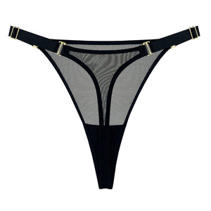 String BORDELLE Signature Mesh noir en tulle transparent, avec ceinture elastique réglable et finitions métalliques dorées, présenté à plat, disponible chez Brigade Mondaine Paris.