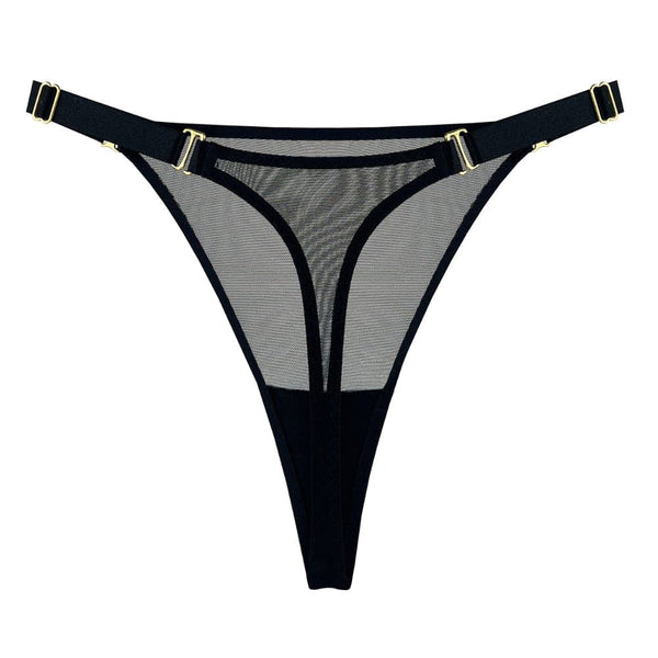 String BORDELLE Signature Mesh noir en tulle transparent, avec ceinture elastique réglable et finitions métalliques dorées, présenté à plat, disponible chez Brigade Mondaine Paris.
