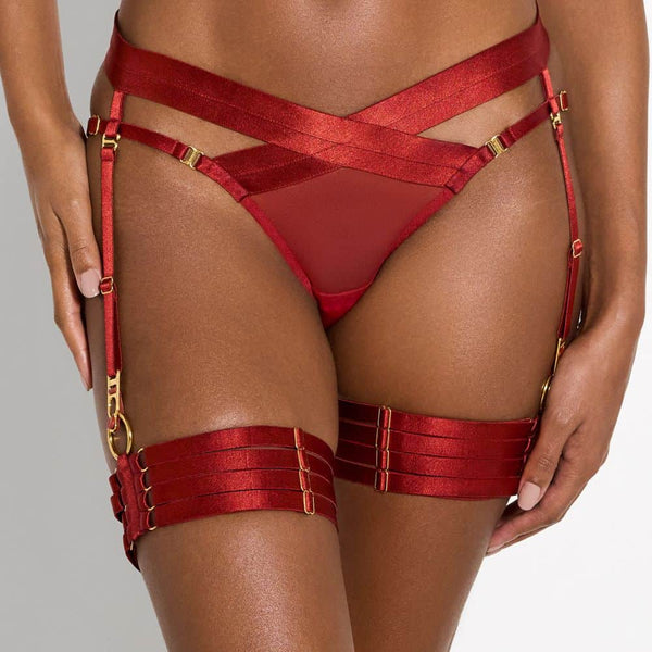 Détail d'une Photo d'une Femme de Devant portant une Culotte Porte-jarretelles en Résille et des Bondage Webbed Jarretières couleur Rouge