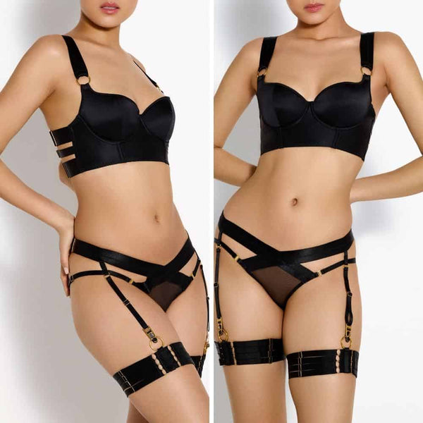 Photo d'une Femme de 3/4 et de Devant portant un Soutien-Gorge Push-Up en Soie, une Culotte Porte-jarretelles et des Jarretières couleur Noir