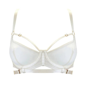 Soutien-gorge BORDELLE Signature Cream porté de profil, en tulle transparent ivoire avec bandes elastiques structurantes et finitions métalliques dorées, présenté chez Brigade Mondaine Paris.