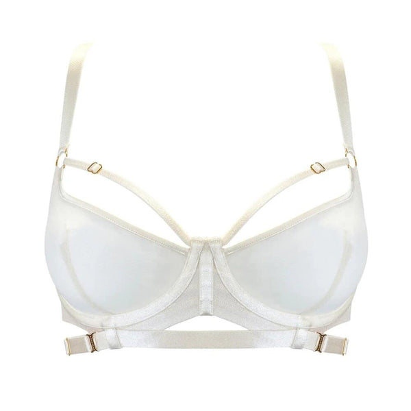 Soutien-gorge BORDELLE Signature Cream porté de profil, en tulle transparent ivoire avec bandes elastiques structurantes et finitions métalliques dorées, présenté chez Brigade Mondaine Paris.