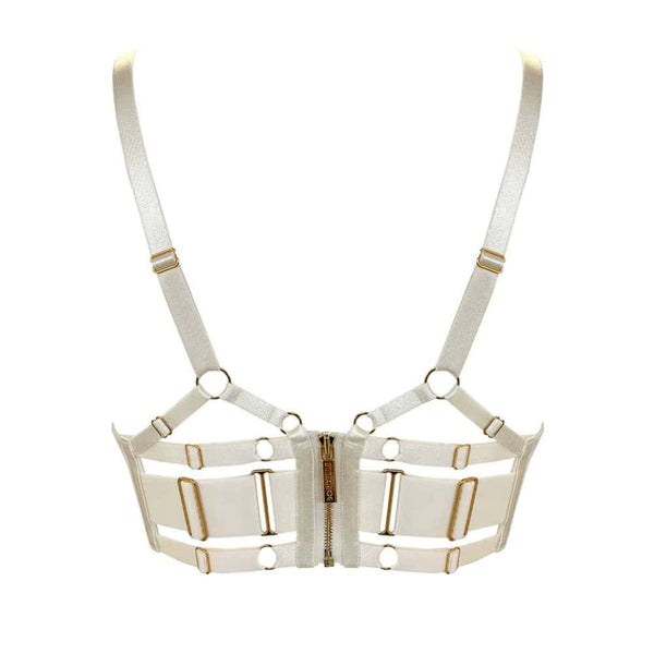 Soutien-gorge BORDELLE Signature Cream vu de face, en tulle transparent ivoire avec bandes elastiques structurantes et finitions métalliques dorées, présenté chez Brigade Mondaine Paris.