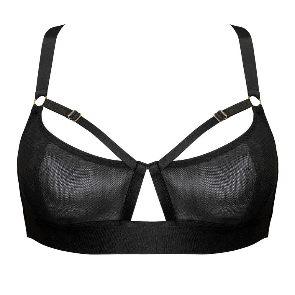 Soutien-gorge noir en tulle et satin avec lanières ajustables, anneaux dorés et ouverture centrale pour un effet structuré et moderne.
