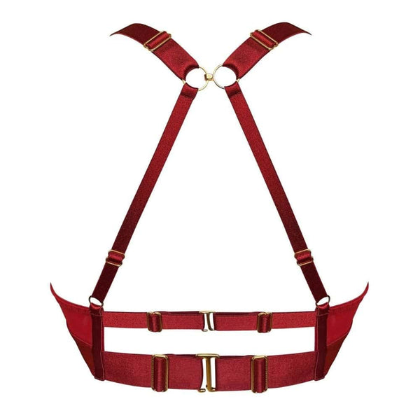 Soutien-gorge rouge avec harnais ajustable à l'arrière et lanière sous la poitrine pour un maintien confortable et moderne. Les bretelles sont ajustables pour un ajustement personnalisé.