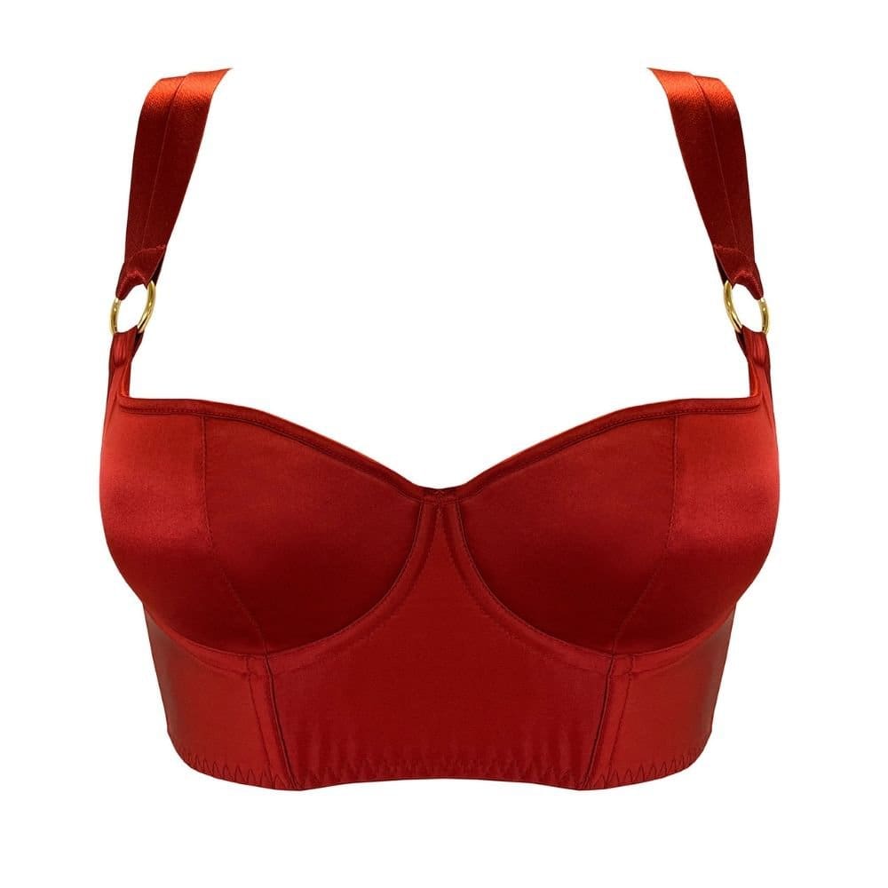 Bustier en Satin Rouge Brulé Détail Plaqué Or et string multi-sangles et Choker Rouge avec détails Dorés