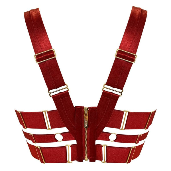 Bustier en Satin Rouge Brulé Détail Plaqué Or et string multi-sangles et Choker Rouge avec détails Dorés