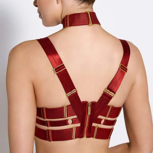 Bustier en Satin Rouge Brulé Détail Plaqué Or et Choker Rouge avec détails Dorés