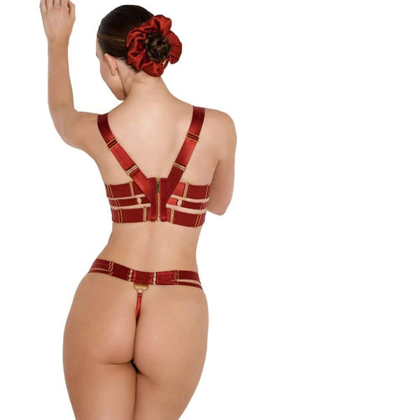 Bustier en Satin Rouge Brulé Détail Plaqué Or et string multi-sangles