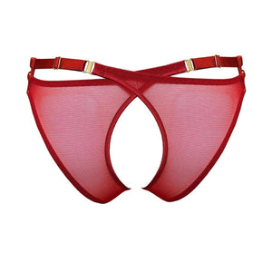 Culotte Ouverte Rouge en Résille et Satin Détails Dorés vue de dos