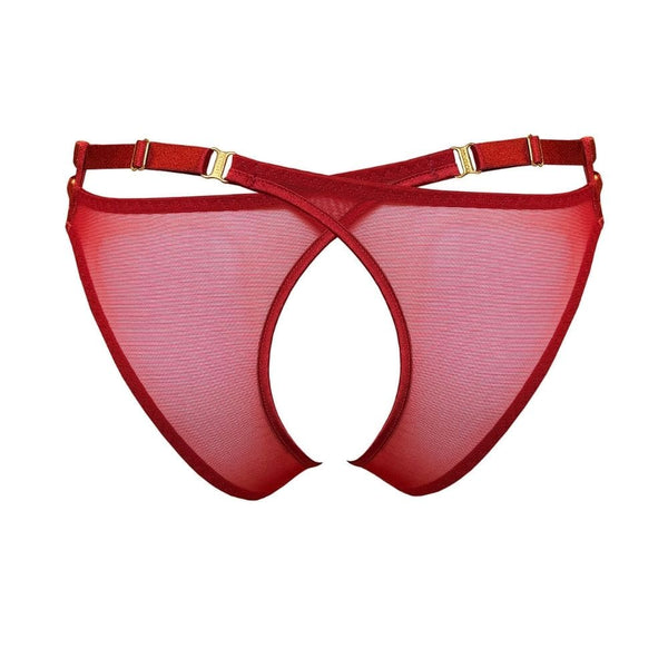 Culotte Ouverte Rouge en Résille et Satin Détails Dorés vue de dos