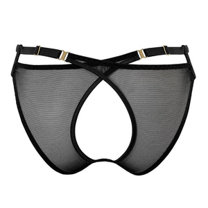 Culotte Ouverte Rouge en Résille et Satin Détails Dorés Vue de dos