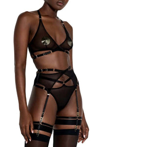 Soutien-Gorge Noir Résille Détails Boucles et Sangles Dorés Avec Porte-Jarretelles Résille Noir