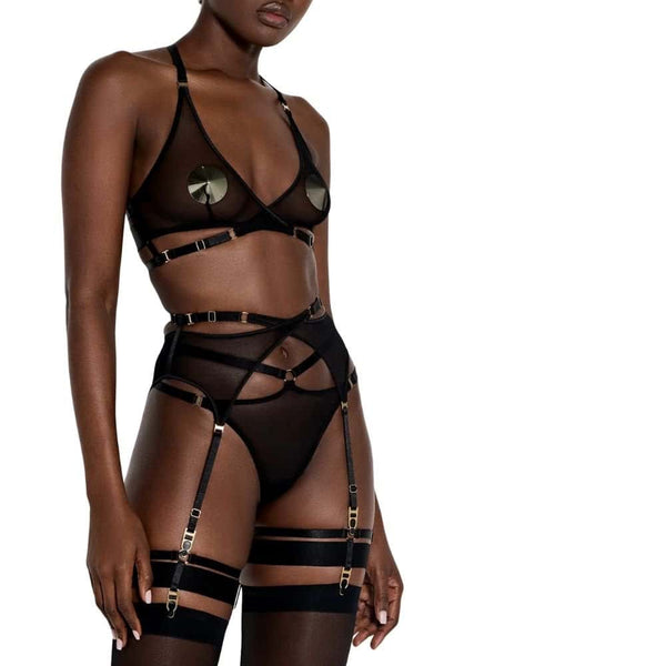 Soutien-Gorge Noir Résille Détails Boucles et Sangles Dorés Avec Porte-Jarretelles Résille Noir