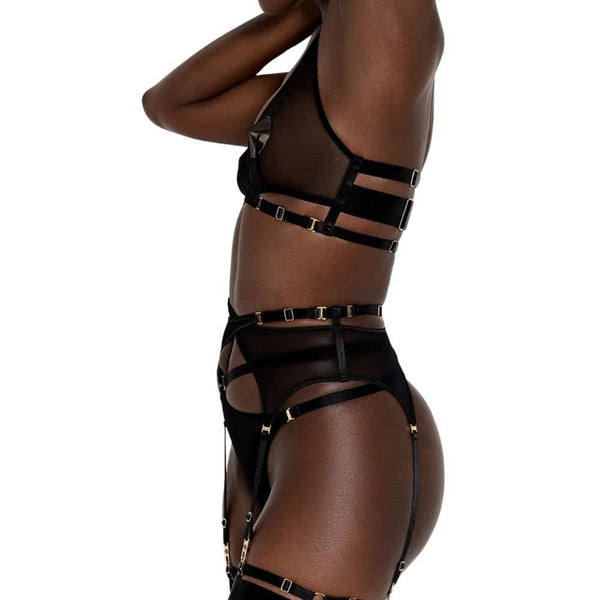 Soutien-Gorge Noir Résille Détails Boucles et Sangles Dorés Avec Porte-Jarretelles Résille Noir