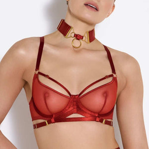 Soutien-Gorge Balconnet à Armatures Rouge Brulé en Résille détails en Or Plaqué 24 Carats