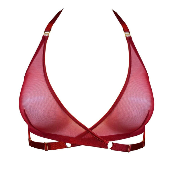 Soutien-Gorge Rouge Brulé en maille douce et transparente élastiques larges en satin bretelles réglables détail sur le dos et sous-bande entièrement réglables pour un ajustement sur-mesure. Fermeture élégante avec des crochets en forme de cygne, plaqués or 24 carats, sur les coutures latérales.