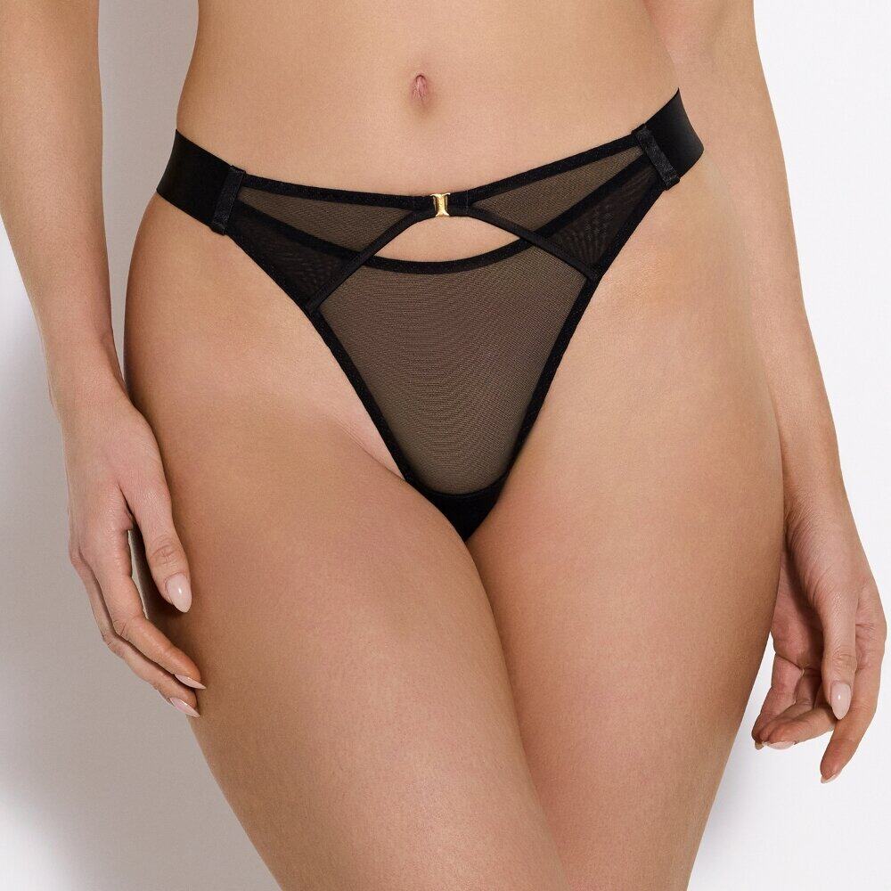 String Noir en Tulle transparent doux avec bandes élastiques satinées noires lanières ajustables sur les hanches et finitions en laiton doré à l’or fin 24k