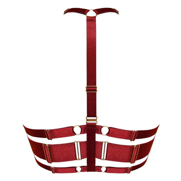 Soutien-Gorge Rouge Brulé en maille douce et transparente élastiques larges en satin bretelles réglables détail sur le dos et sous-bande entièrement réglables pour un ajustement sur-mesure. Fermeture élégante avec des crochets en forme de cygne, plaqués or 24 carats, sur les coutures latérales.