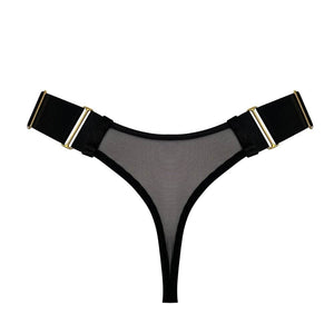 Packshot String Noir en Tulle transparent doux avec bandes élastiques satinées noires lanières ajustables sur les hanches et finitions en laiton doré à l’or fin 24k