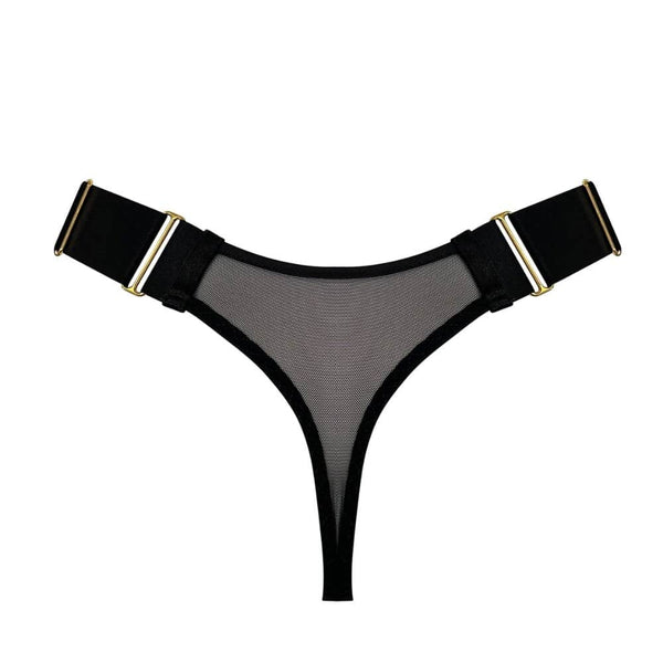 Packshot String Noir en Tulle transparent doux avec bandes élastiques satinées noires lanières ajustables sur les hanches et finitions en laiton doré à l’or fin 24k