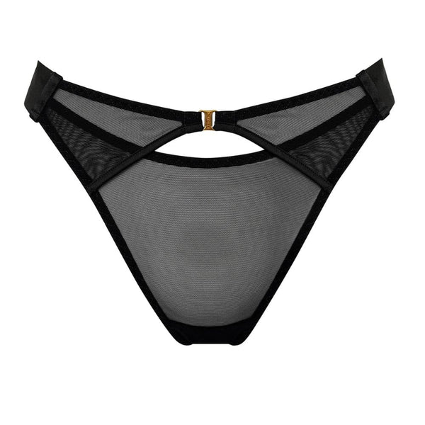 String Noir en Tulle transparent doux avec bandes élastiques satinées noires lanières ajustables sur les hanches et finitions en laiton doré à l’or fin 24k