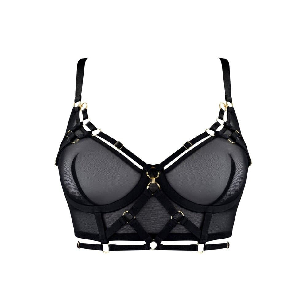 Soutien-gorge noir Bordelle modèle Zenna avec harnais intégré, mesh fin, sangles ajustables et anneaux dorés, présenté à plat sur fond clair, sélection Brigade Mondaine Paris.