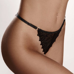 G-String BRACLI Destinos en dentelle noire avec lurex, détail perles de Manacor amovible, lingerie fine modulable et minimaliste, fabriquée à la main en Espagne.