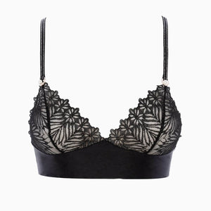 Soutien-gorge BRACLI Destinos en dentelle noire avec lurex, soie française, bretelles réglables et amovibles avec boutons en nacre, finition perles et appliqués argentés, lingerie artisanale Made in Spain.