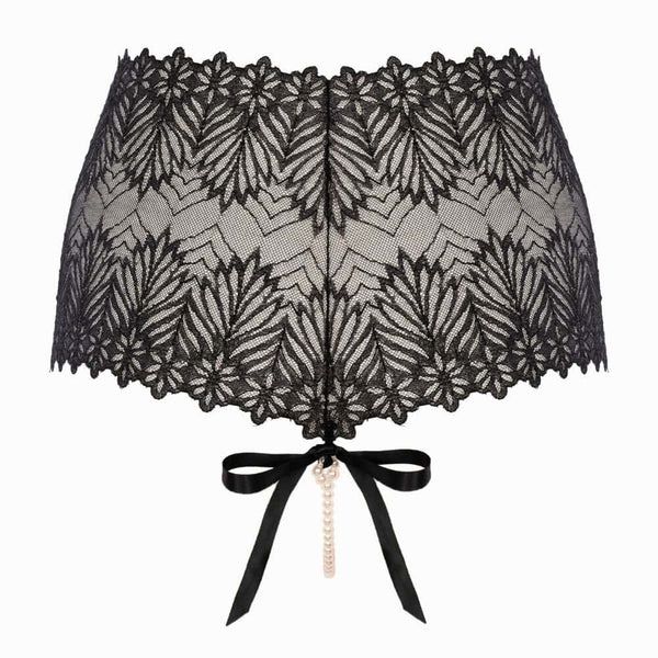 Culotte taille haute BRACLI Destinos en dentelle noire avec lurex et collier de perles amovible stimulant le point G, création artisanale espagnole.