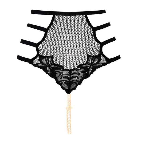 Culotte string taille haute avec perles stimulantes en résille et dentelle et élastique sur les hanches et la taille BRACLI chez Brigade Mondaine