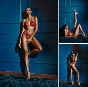 Soutien-gorge avec perles en dentelle rouge et attache satin collection SYDNEY BRACLI chez Brigade Mondaine